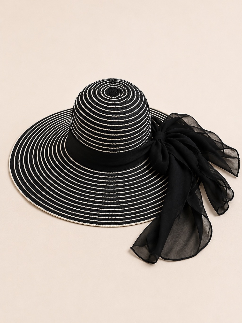 Black Wide-Brim Striped Sun Hat with Chiffon Bow - Picture 2 of 2